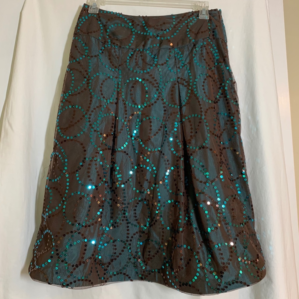 Gilar brown with teal sequined overlay bubble hem skirt